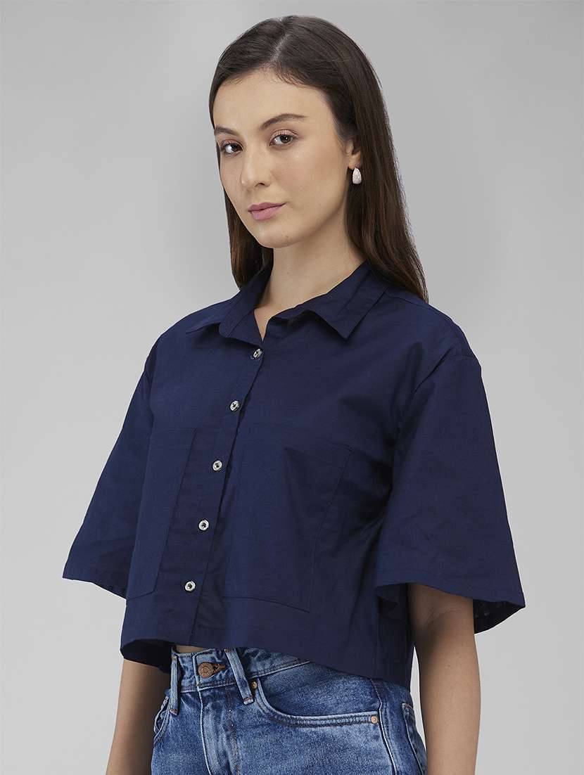 women navy blue solid collared crop shirt - 21840690 - Standard Image - 1