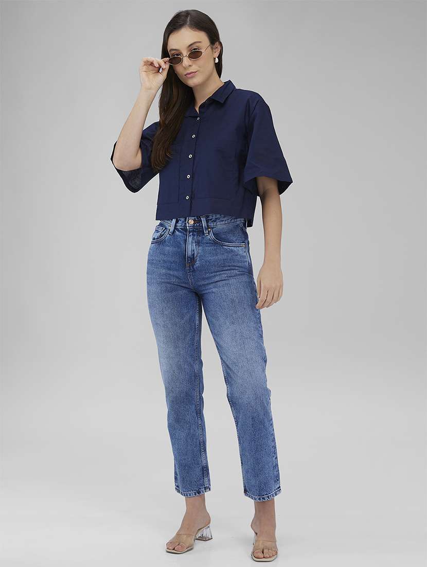 women navy blue solid collared crop shirt - 21840690 - Standard Image - 4