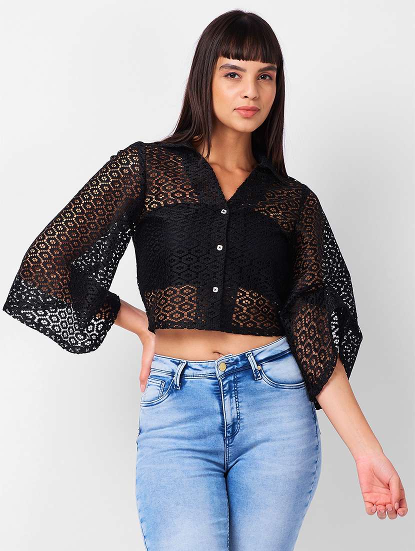 women laced bell sleeves crop shirt - 21840694 - Zoom Image - 0