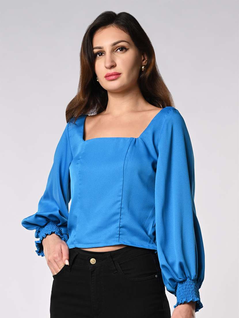 women solid puff sleeves crop top - 21840714 -  Standard Image - 1