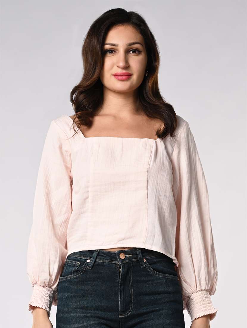 women solid puff sleeves crop shirt