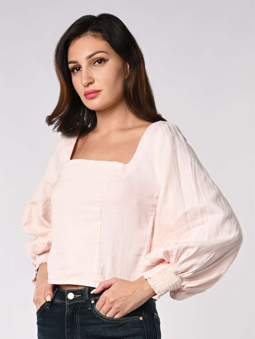 women solid puff sleeves crop shirt - 21840715 -  Standard Image - 1