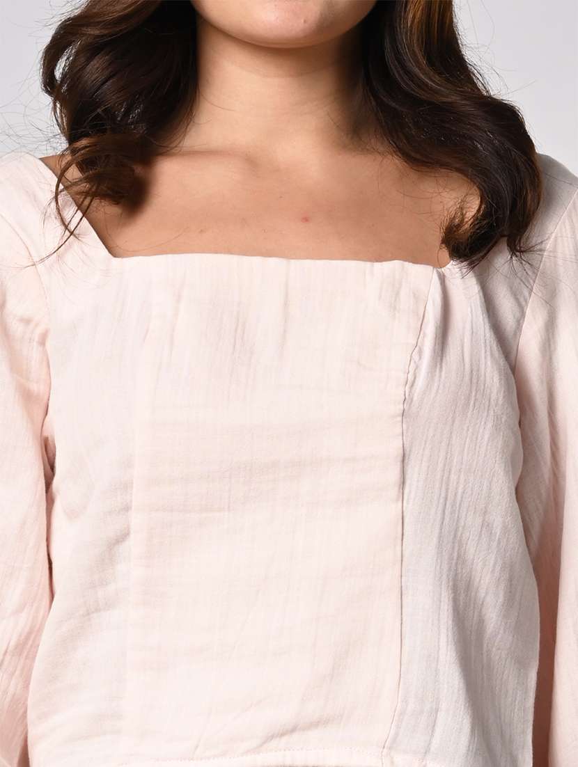 women solid puff sleeves crop shirt - 21840715 -  Standard Image - 4