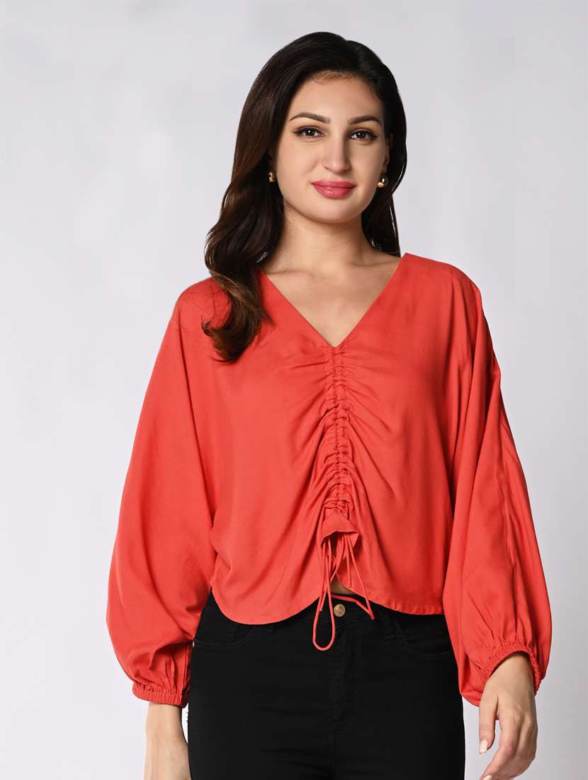women solid puff sleeves ruched top