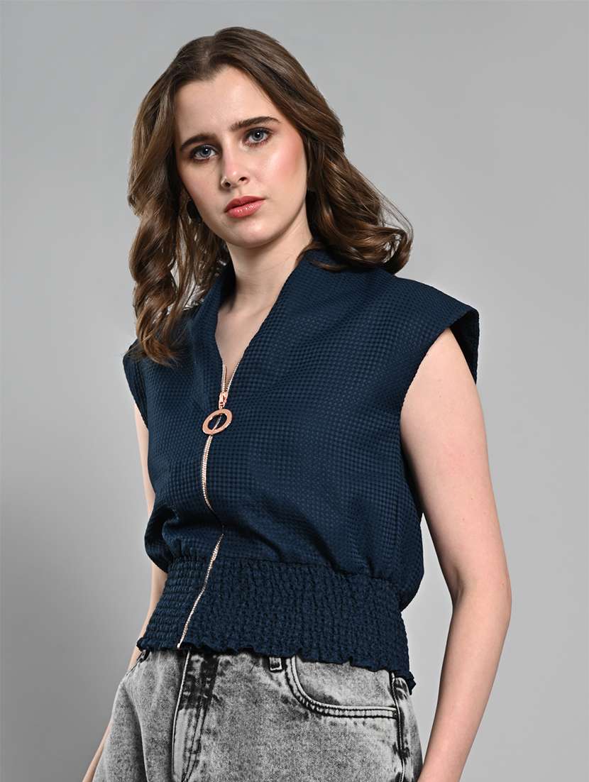 women solid cap sleeves smocked hem top - 21840718 - Standard Image - 1