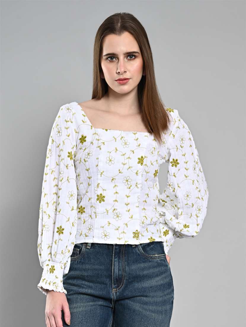 women embroidered puff sleeves regular top - 21840721 - Zoom Image - 0
