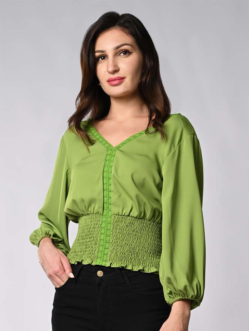 women solid puff sleeves blouson top - 21840726 -  Standard Image - 1