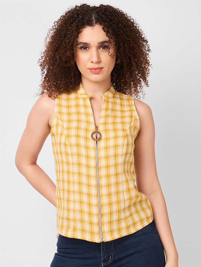 women checkered sleeveless regular top