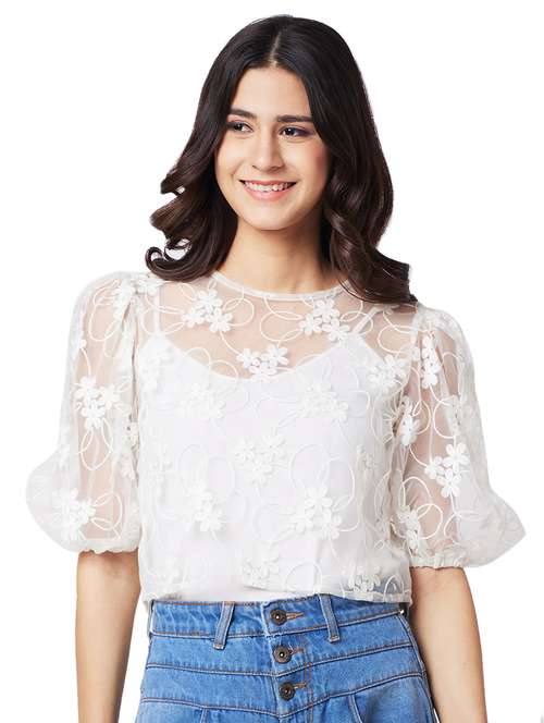 women laced puff sleeves crop top - 21840739 - Standard Image - 0