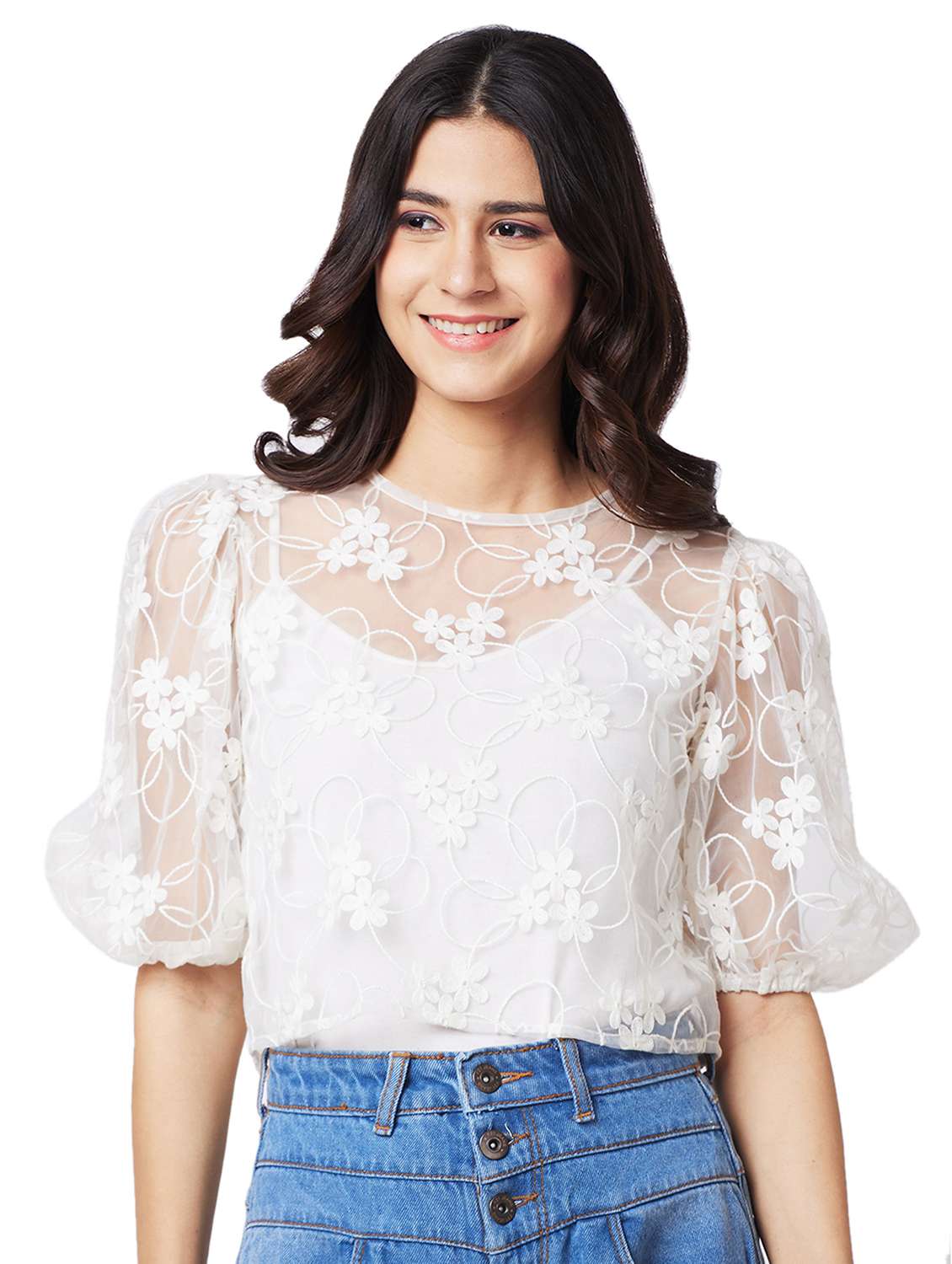 women laced puff sleeves crop top - 21840739 - Zoom Image - 0
