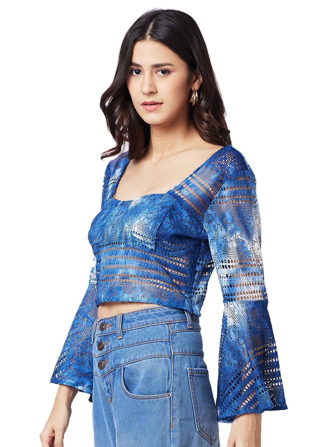 women laced bell sleeves crop top - 21840740 -  Standard Image - 1