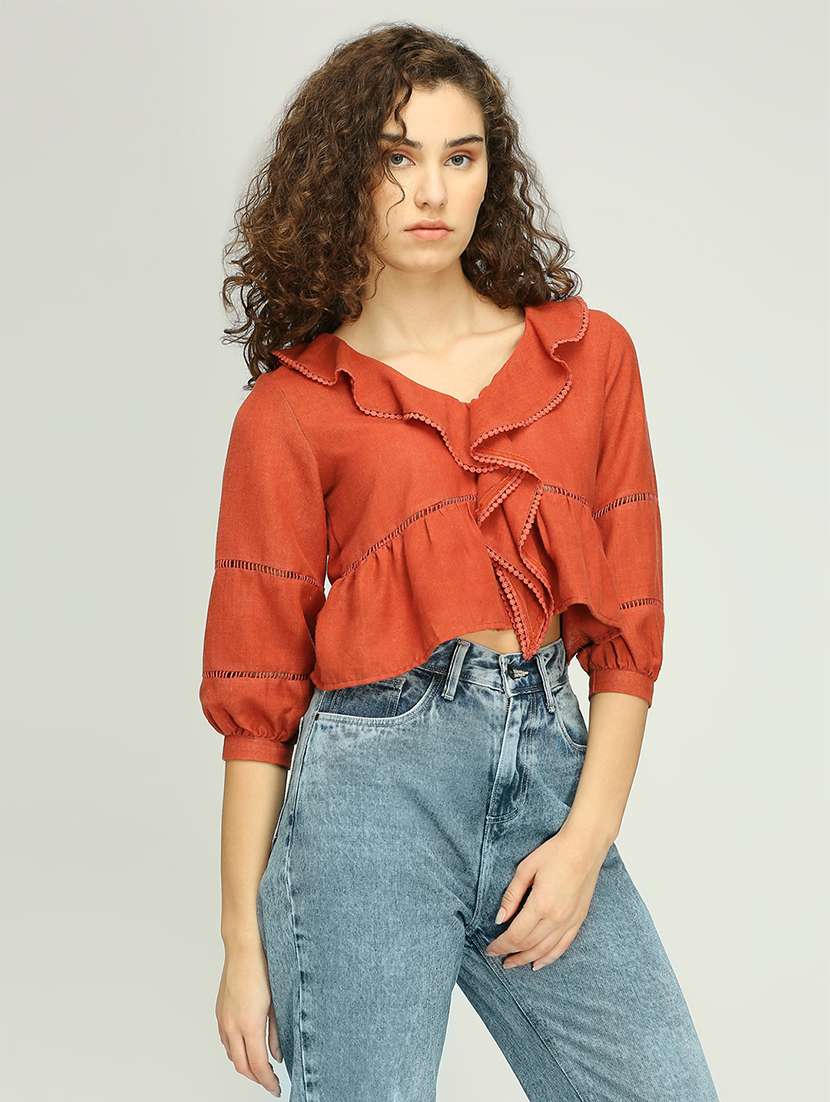 women solid ruffle detailed crop top - 21840766 -  Standard Image - 1