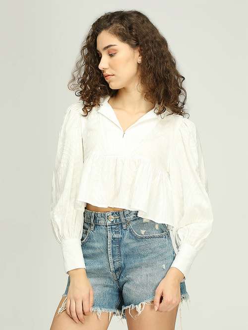 women solid puff sleeves crop peplum top - 21840768 - Standard Image - 0