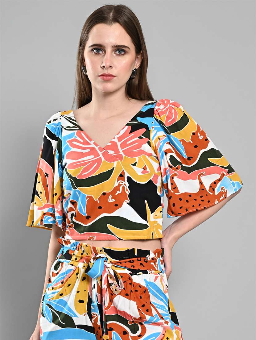 women printed puff sleeves  crop top