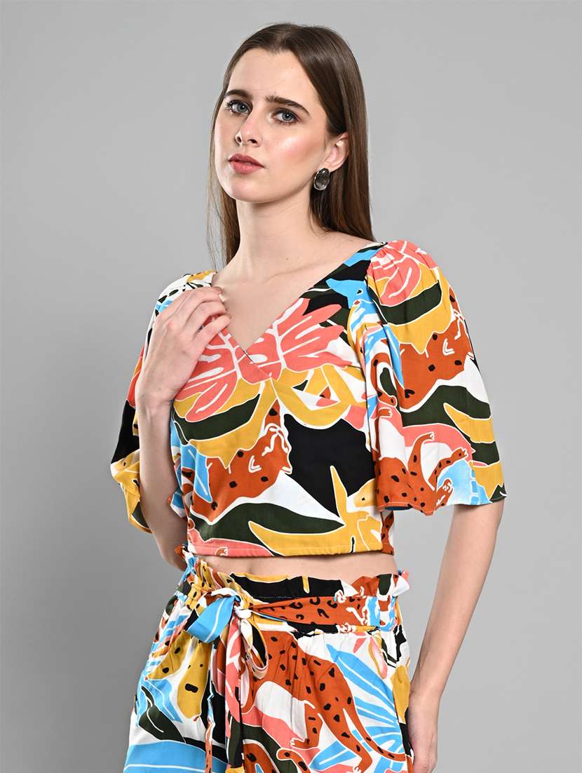 women printed puff sleeves crop top - 21840773 - Standard Image - 1