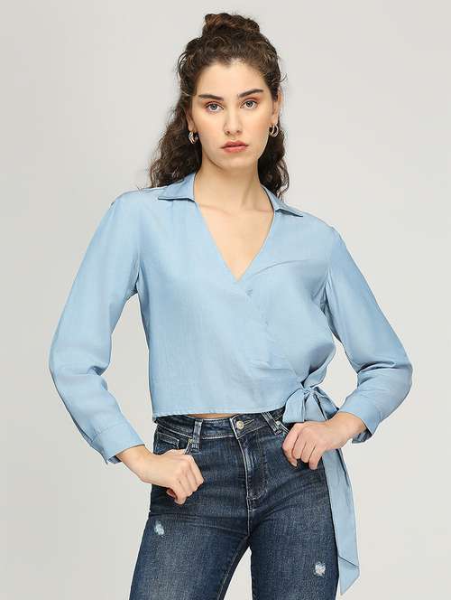 women solid long sleeves wrap top - 21840774 - Standard Image - 0