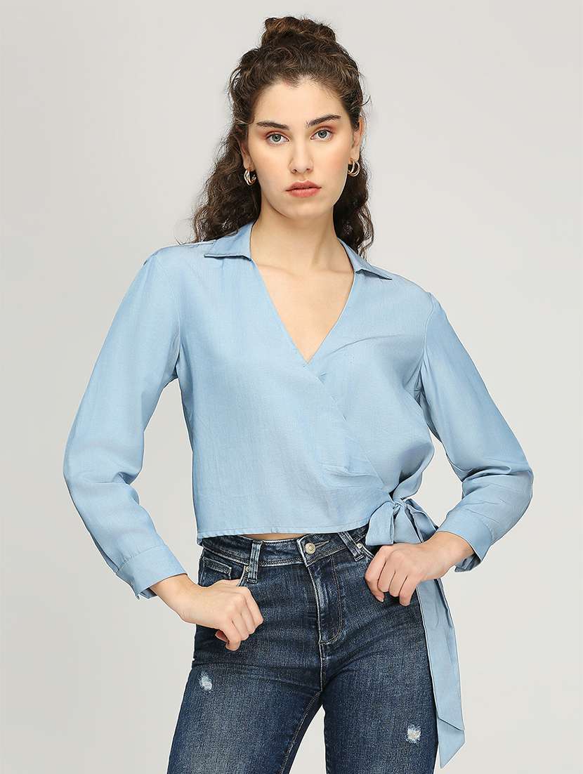women solid long sleeves wrap top - 21840774 - Zoom Image - 0