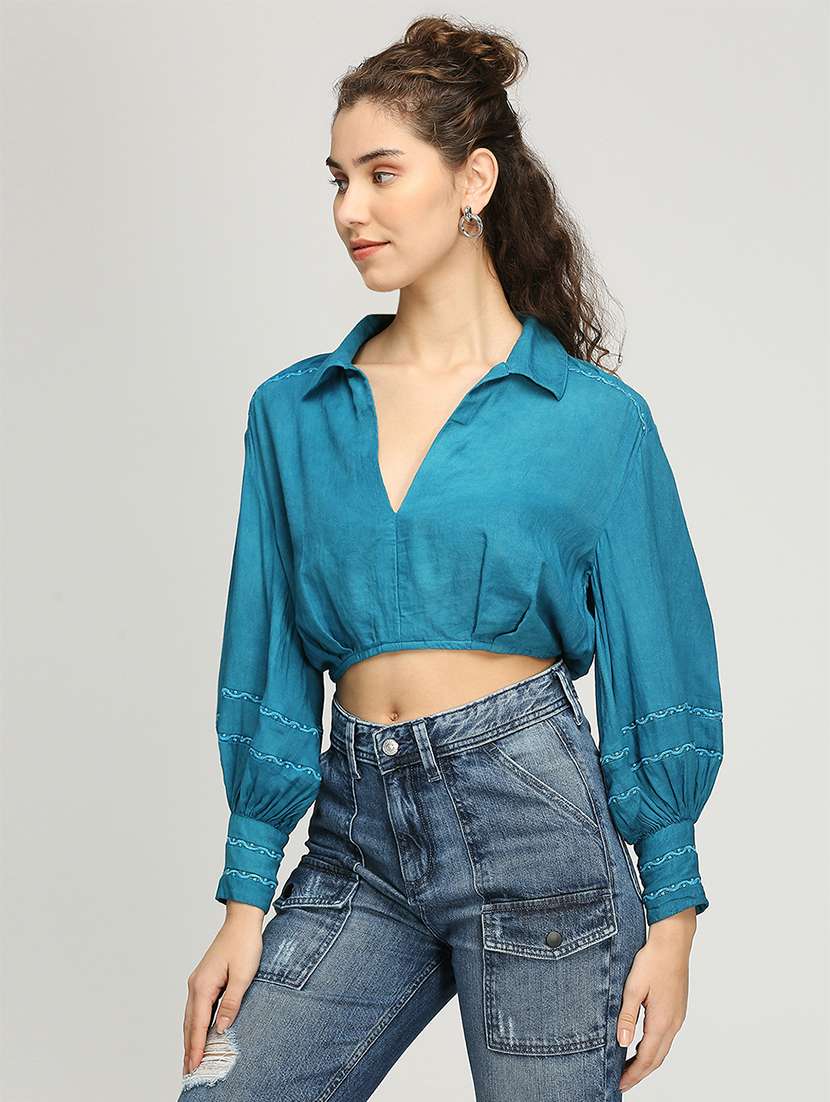 women solid collared crop blouson top - 21840776 -  Standard Image - 1