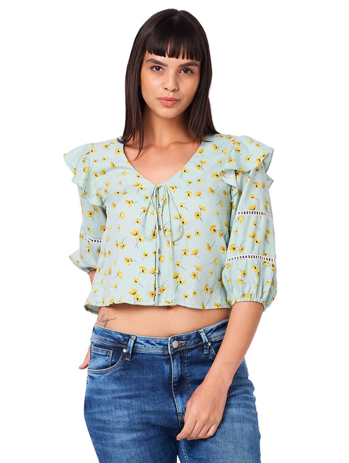 women floral print puff sleeves crop top - 21840784 - Zoom Image - 0