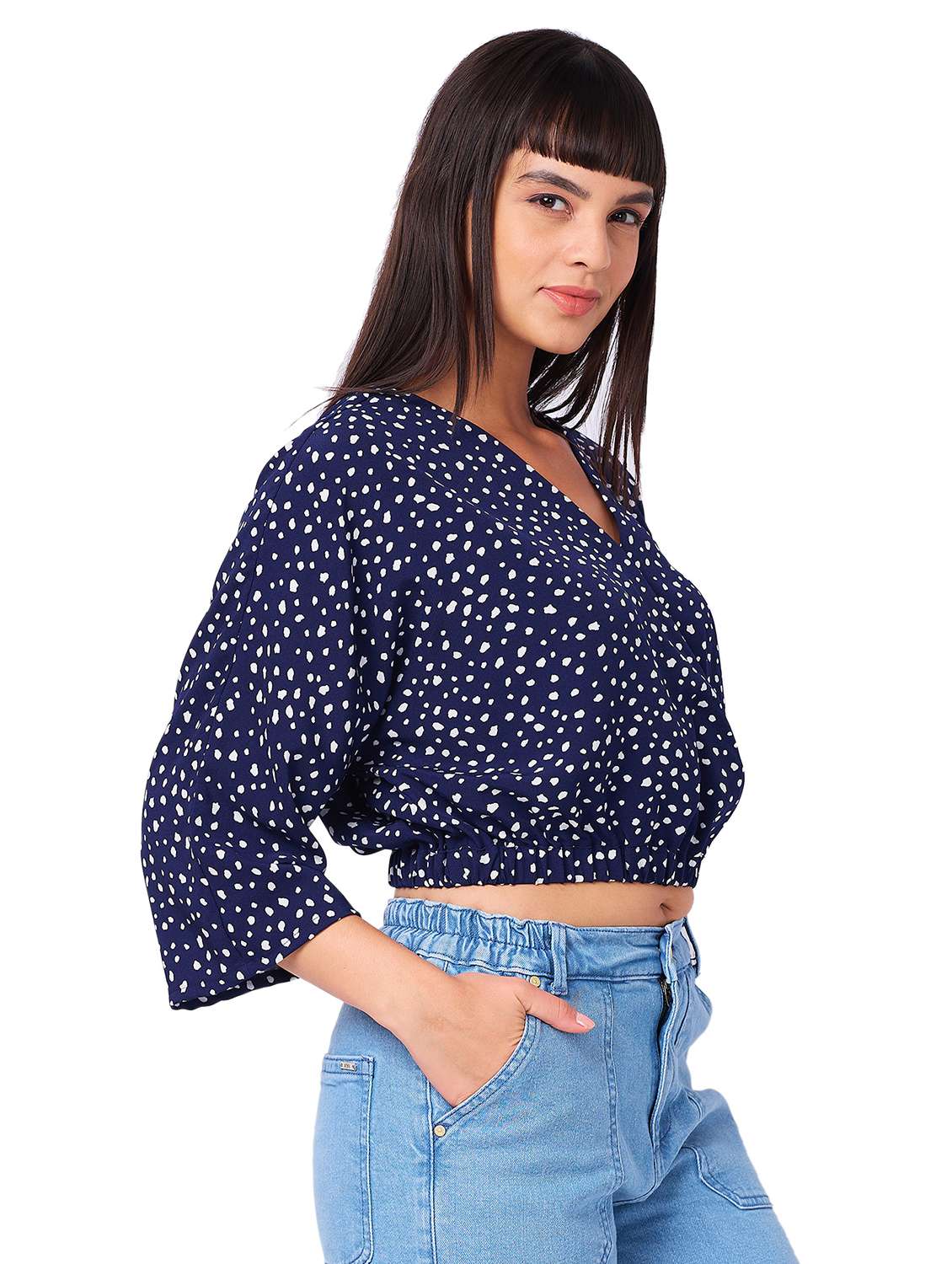 women printed overlap neck crop top - 21840785 - Standard Image - 1