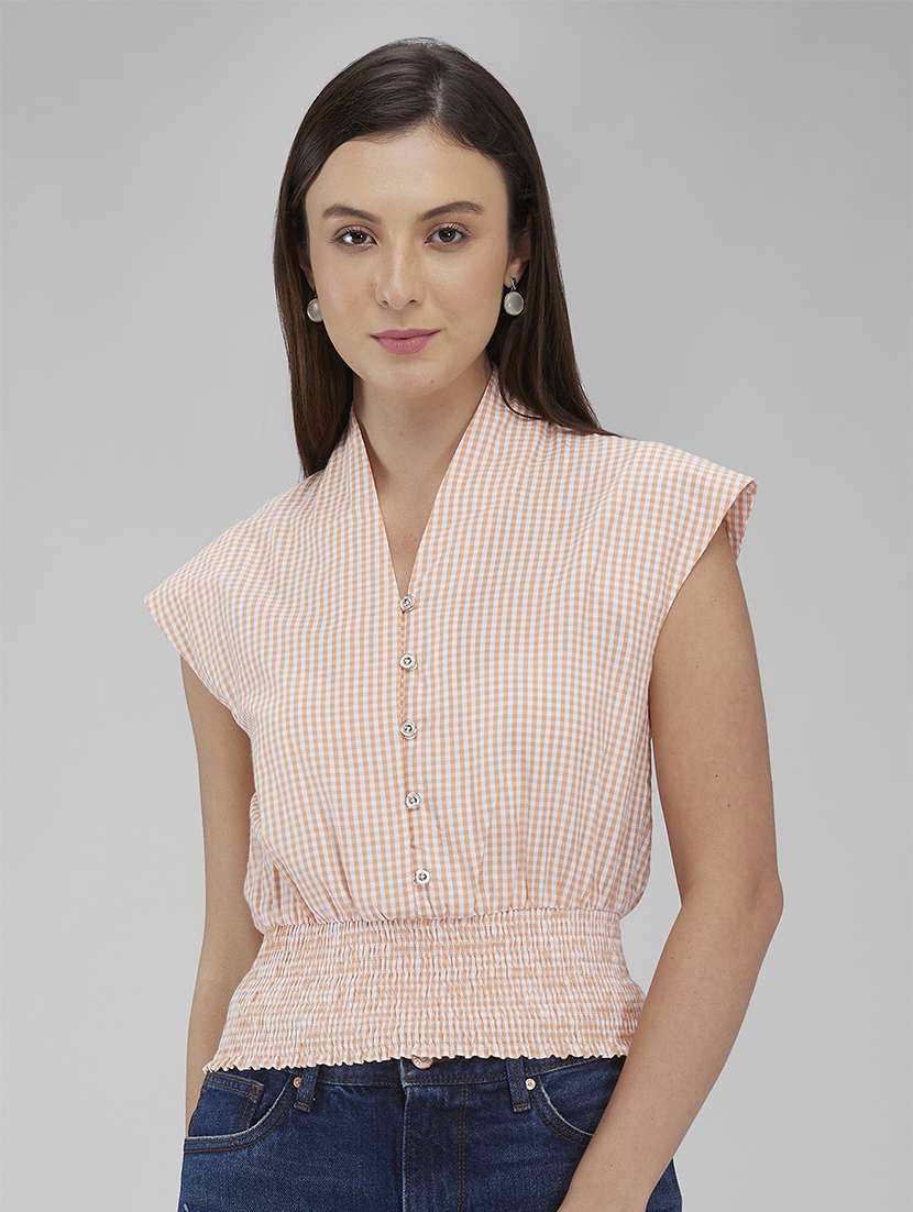 women checkered cap sleeves smocked hem top