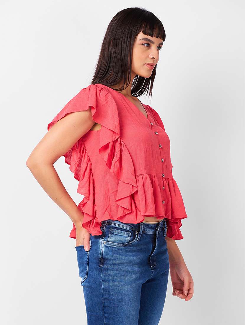 women solid ruffle sleeves peplum top - 21840792 -  Standard Image - 1
