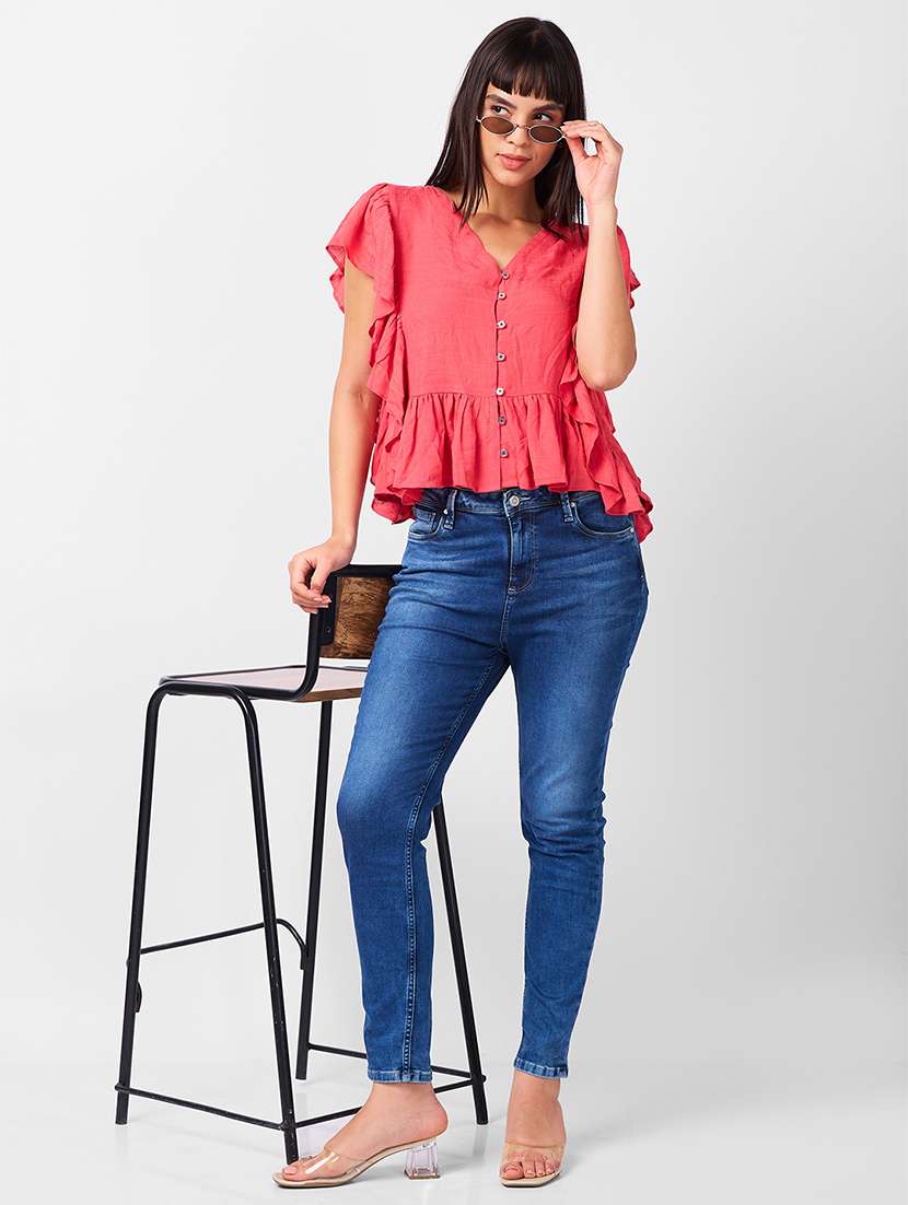women solid ruffle sleeves peplum top - 21840792 -  Standard Image - 4
