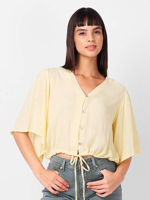 women solid puff sleeves crop top - 21840795 -  Standard Image - 0