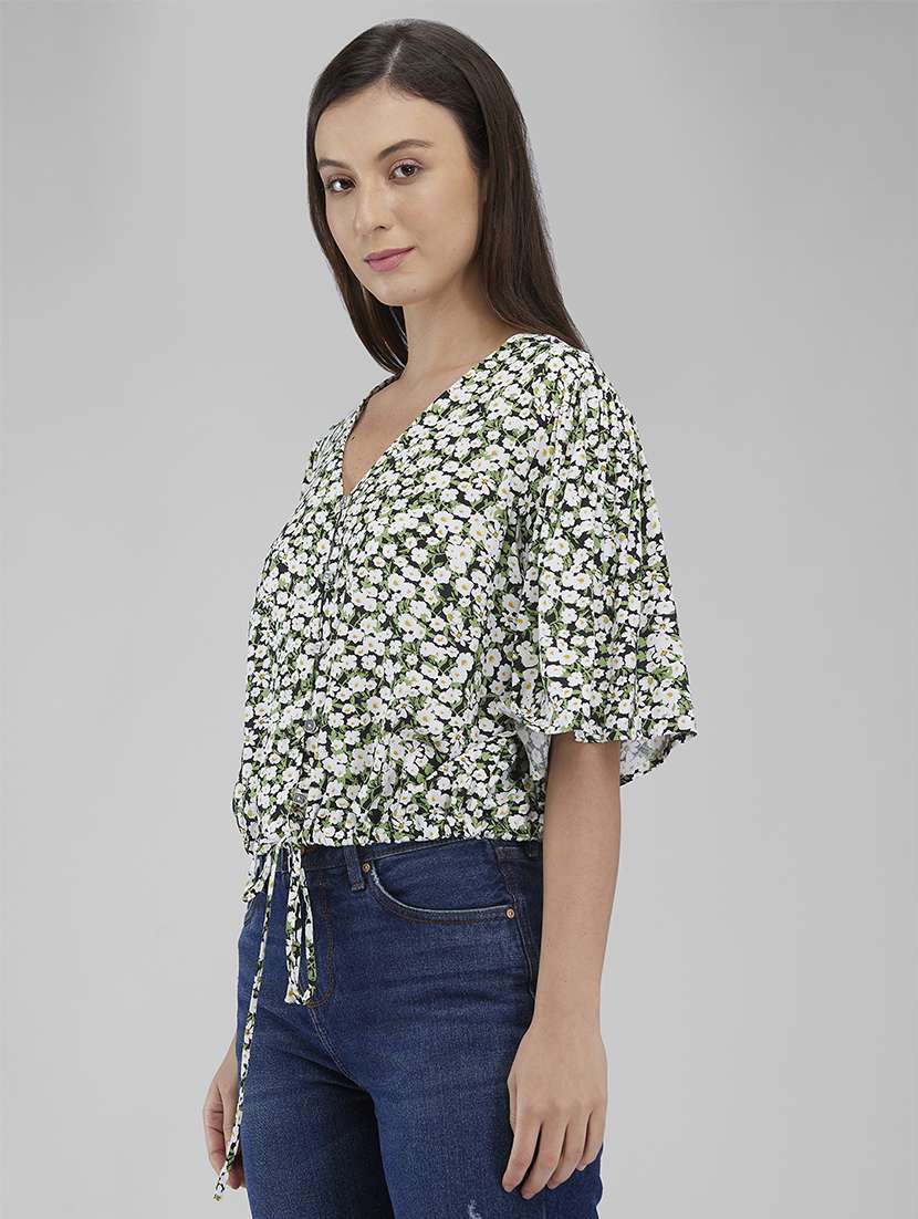 women floral print puff sleeves crop top - 21840796 -  Standard Image - 1
