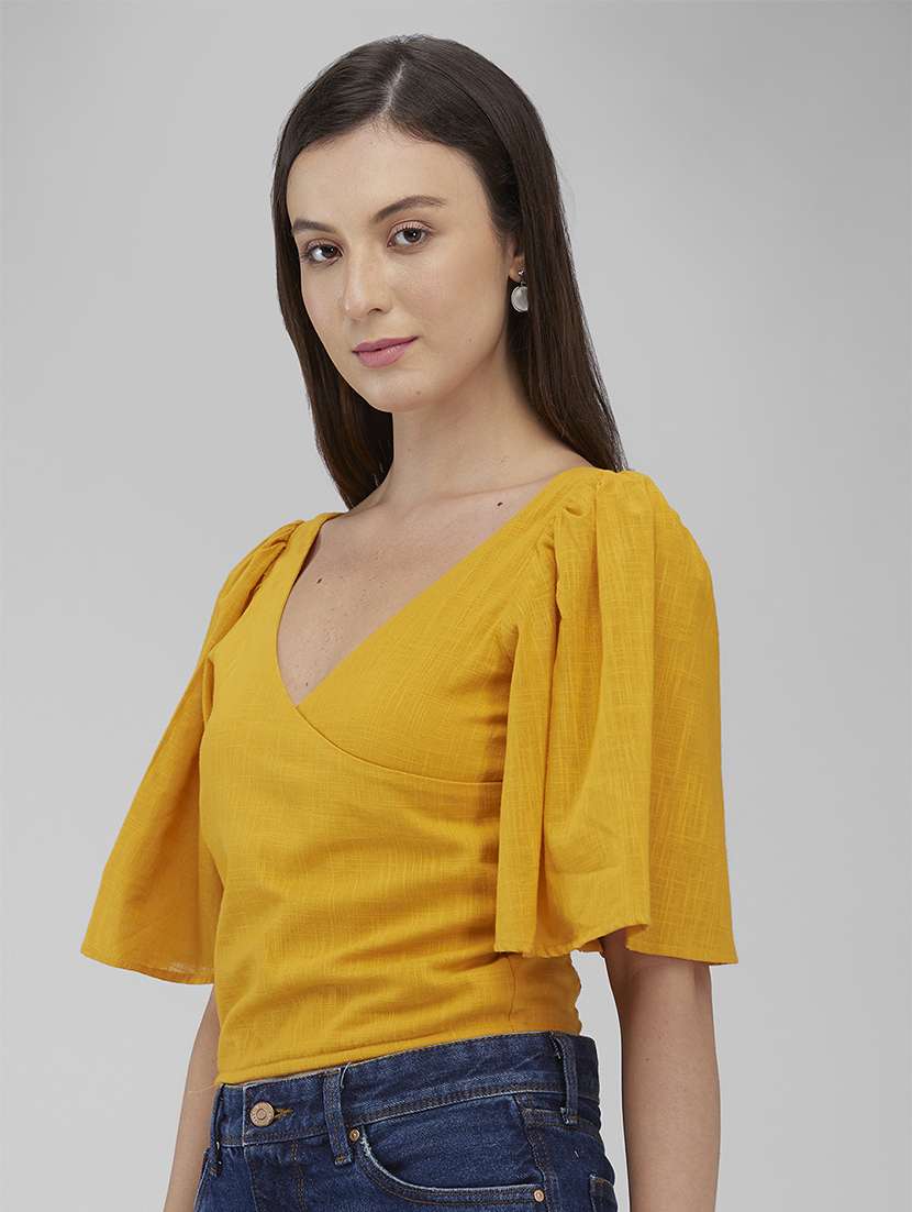 women solid puff sleeves crop top - 21840797 - Standard Image - 1