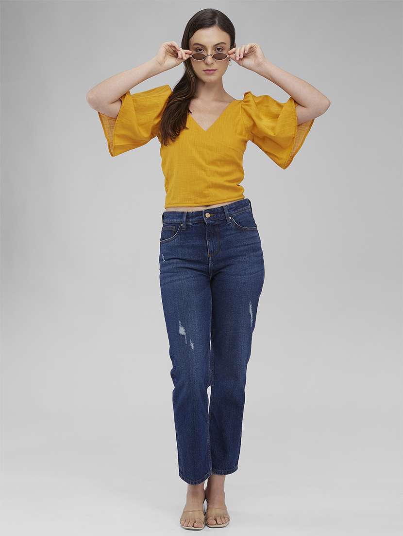 women solid puff sleeves crop top - 21840797 - Standard Image - 4