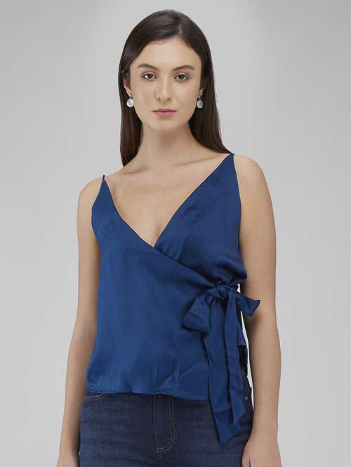 women solid shoulder strap wrap top - 21840803 - Standard Image - 0