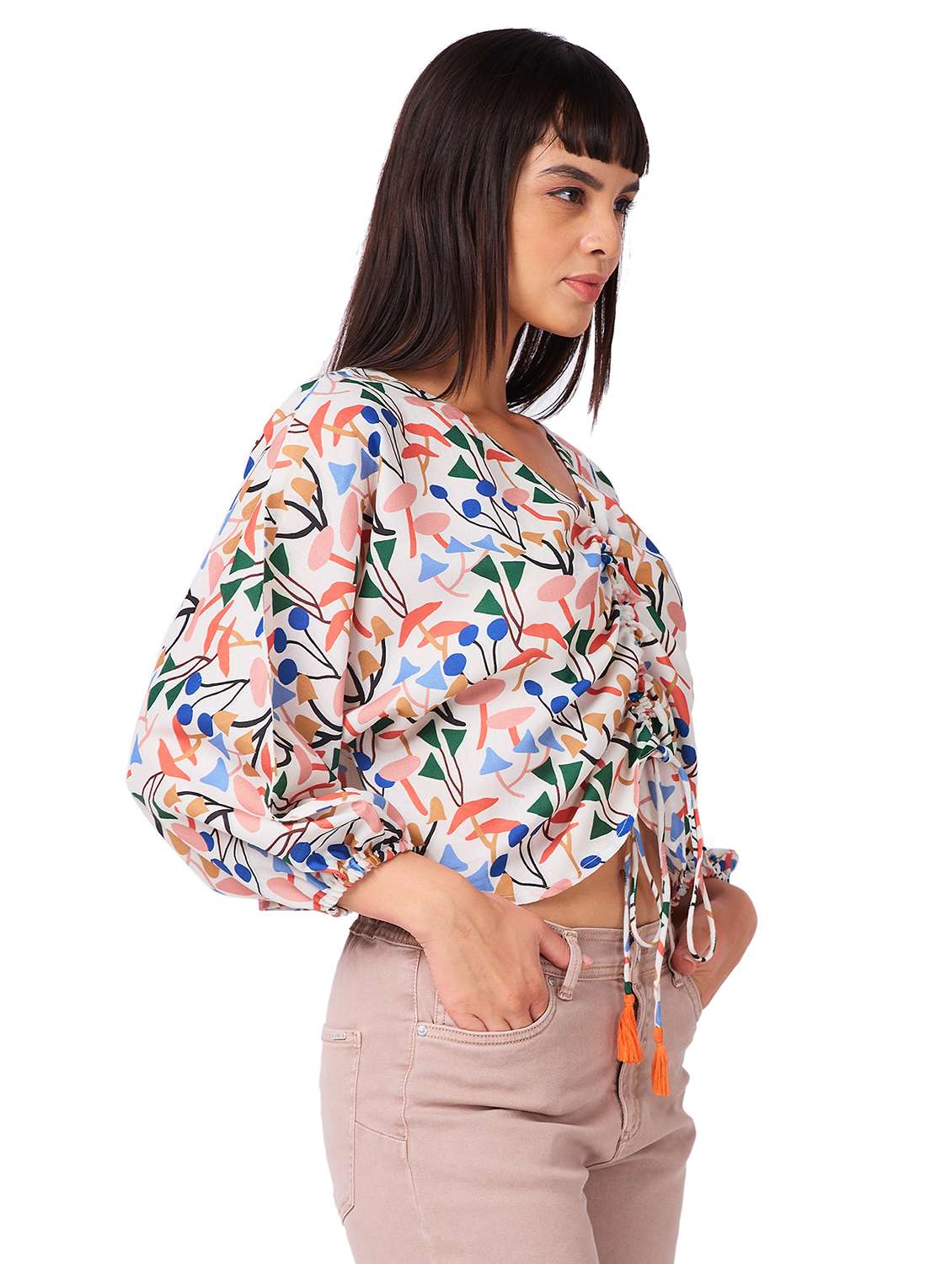 women printed puff sleeves ruched top - 21840804 -  Standard Image - 1