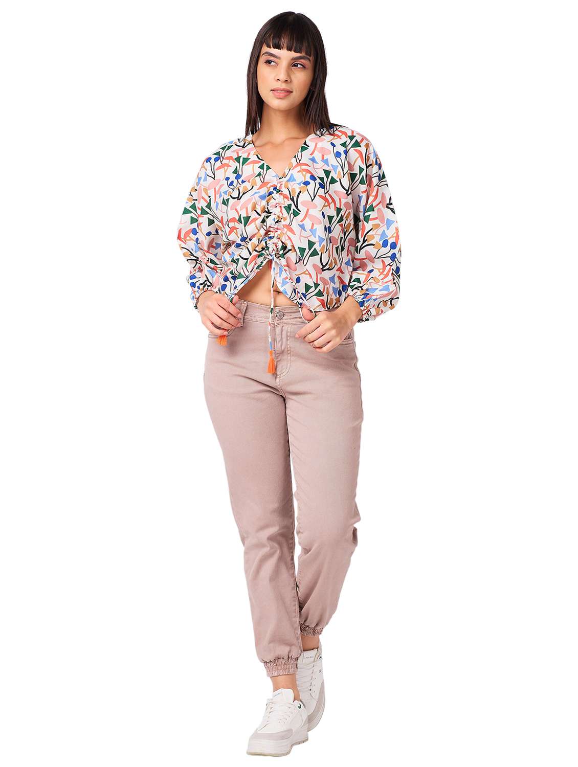 women printed puff sleeves ruched top - 21840804 -  Standard Image - 4