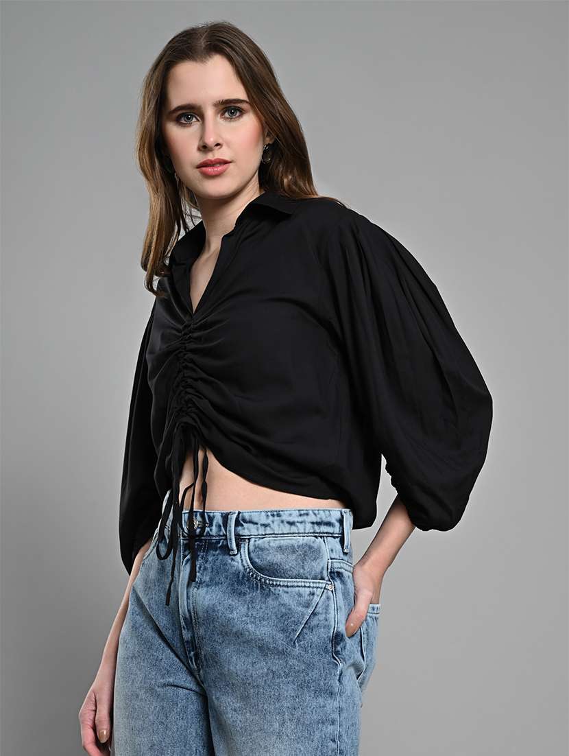 women solid puff sleeves ruched top - 21840806 -  Standard Image - 1