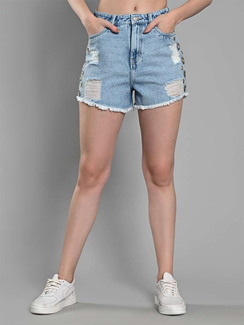 women solid mid rise denim short