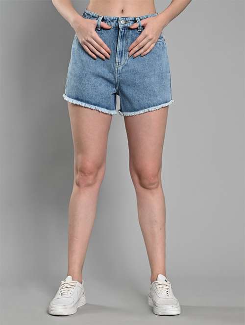 women solid mid rise denim short - 21840816 -  Standard Image - 0