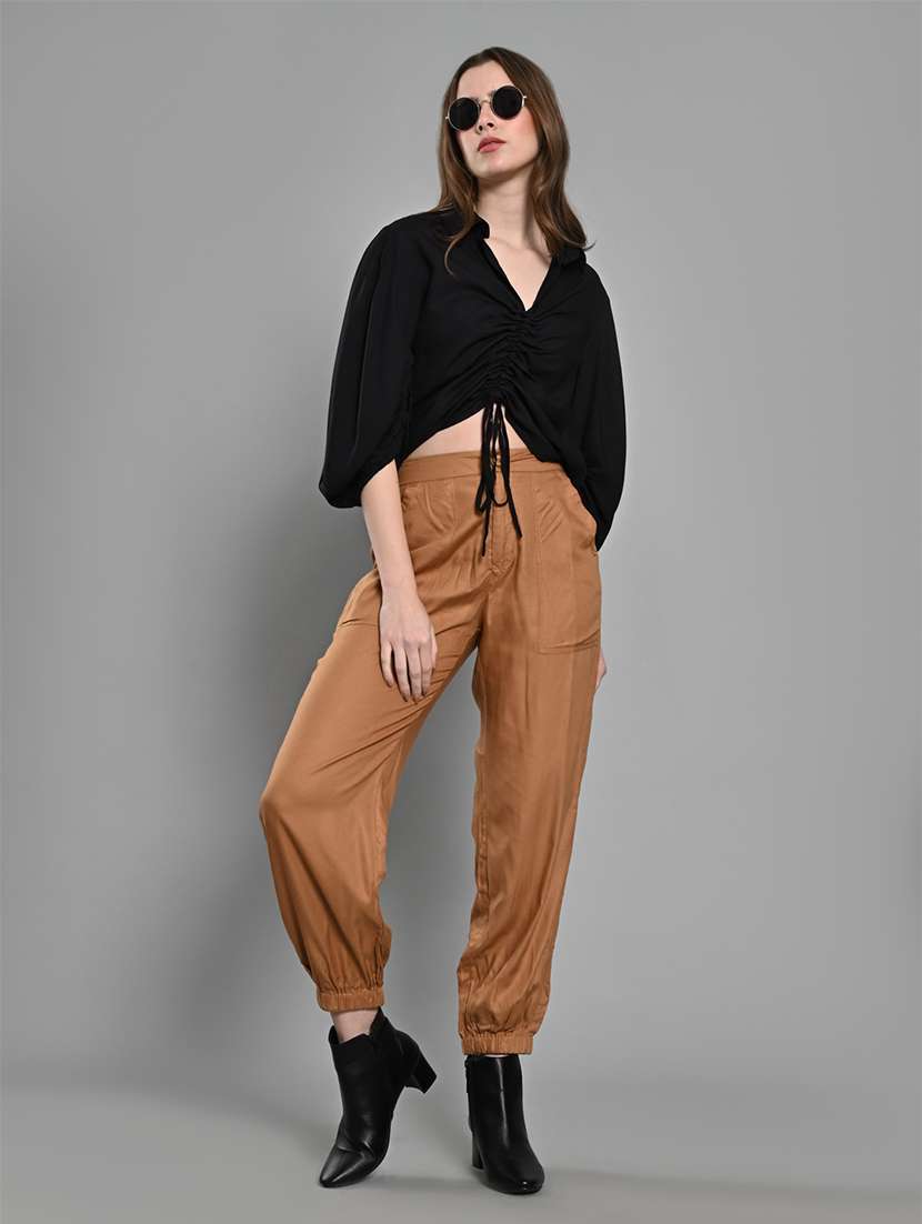 women solid high rise joggers - 21840822 - Standard Image - 4
