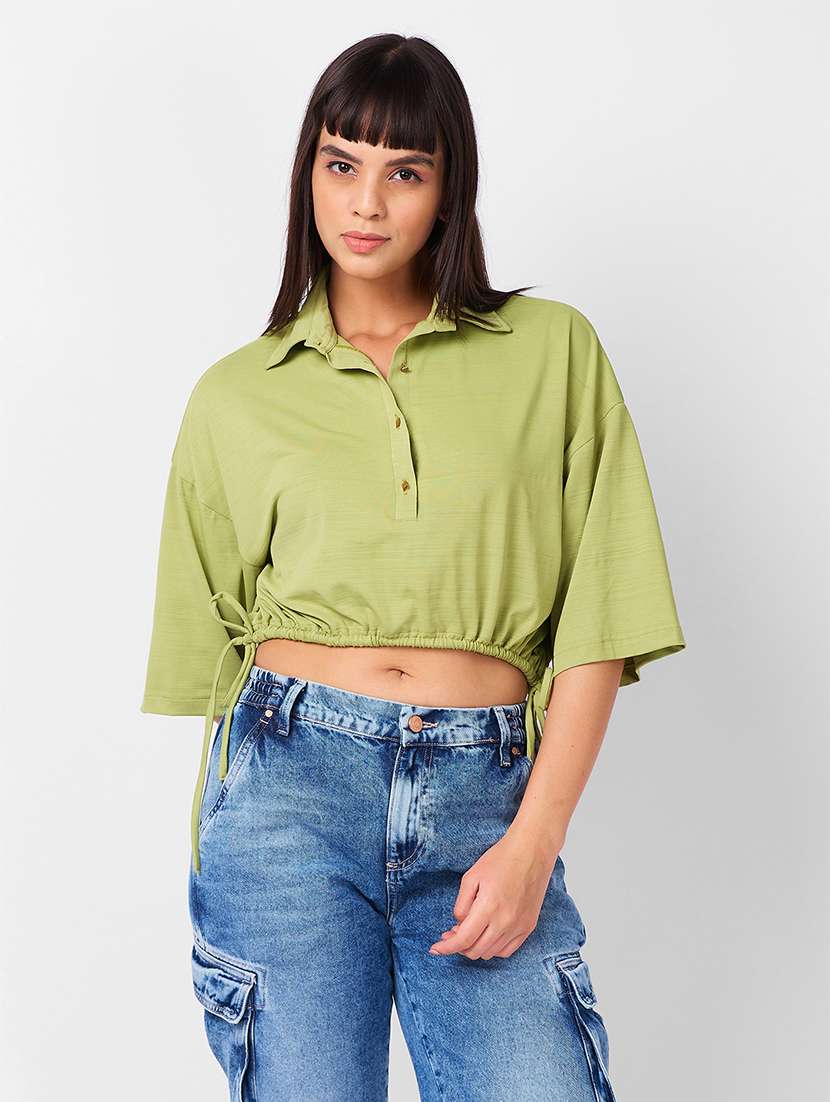 women solid short sleeves crop polo t-shirt