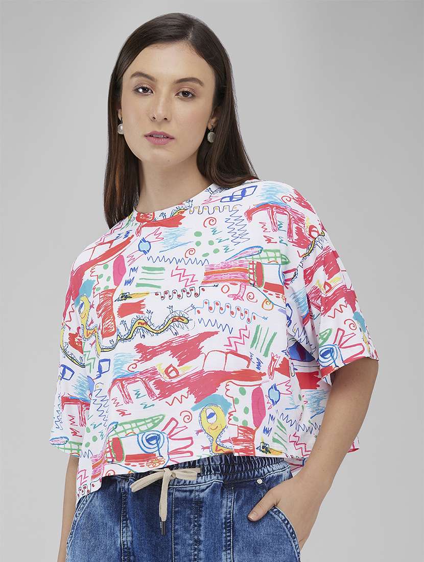 women printed short sleeves boxy t-shirt