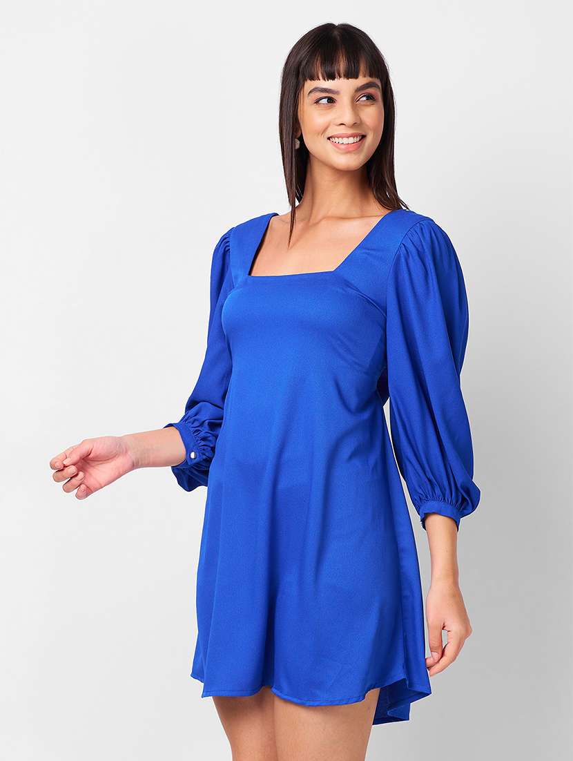 women solid puff sleeves a-line dress - 21840899 -  Standard Image - 1