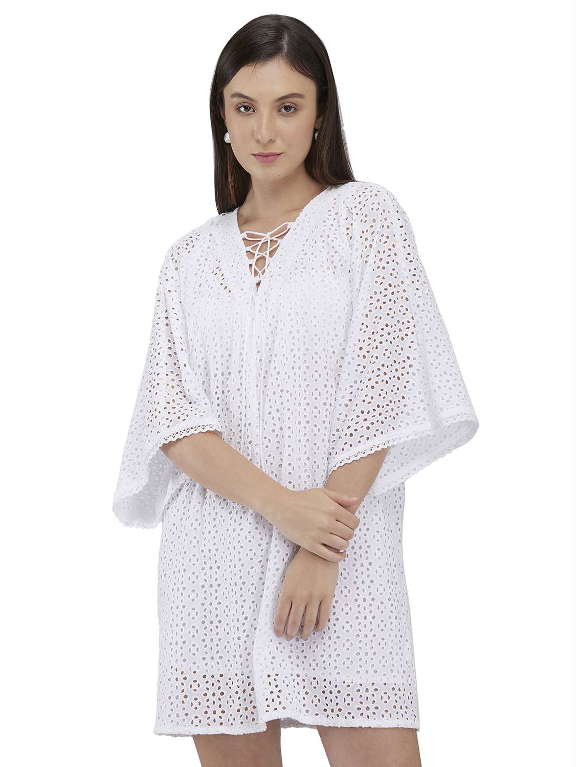 women flared sleeves schiffli a-line dress - 21840909 -  Zoom Image - 0