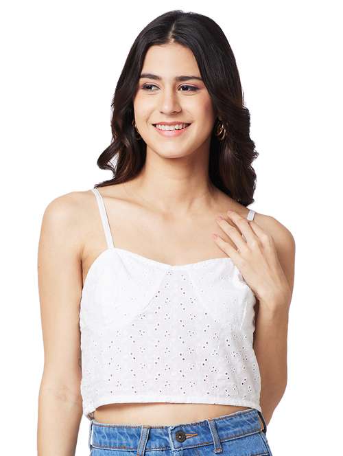 women shoulder strap schiffli crop top - 21840921 - Standard Image - 0