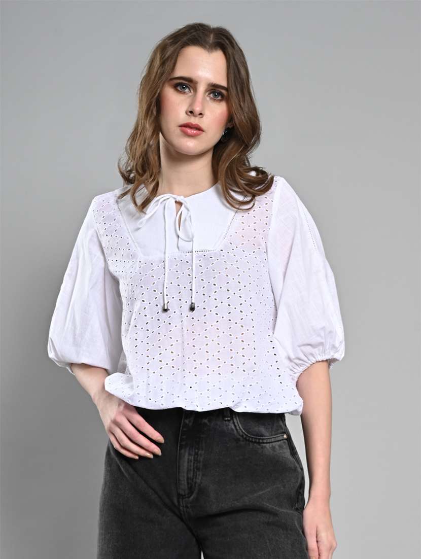 women puff sleeves schiffli regular top