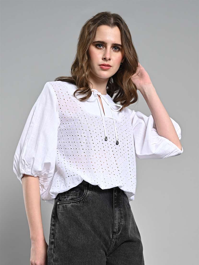 women puff sleeves schiffli regular top - 21840930 - Standard Image - 1
