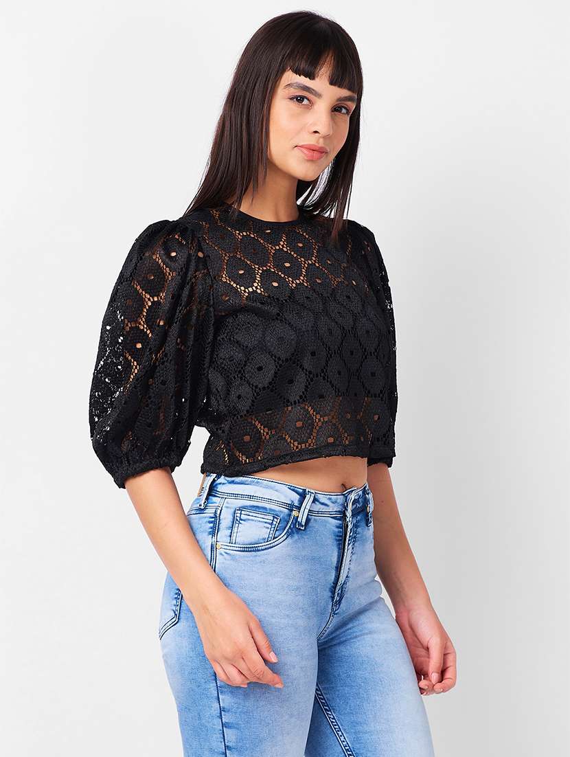 women laced puff sleeves crop top - 21840937 - Standard Image - 1