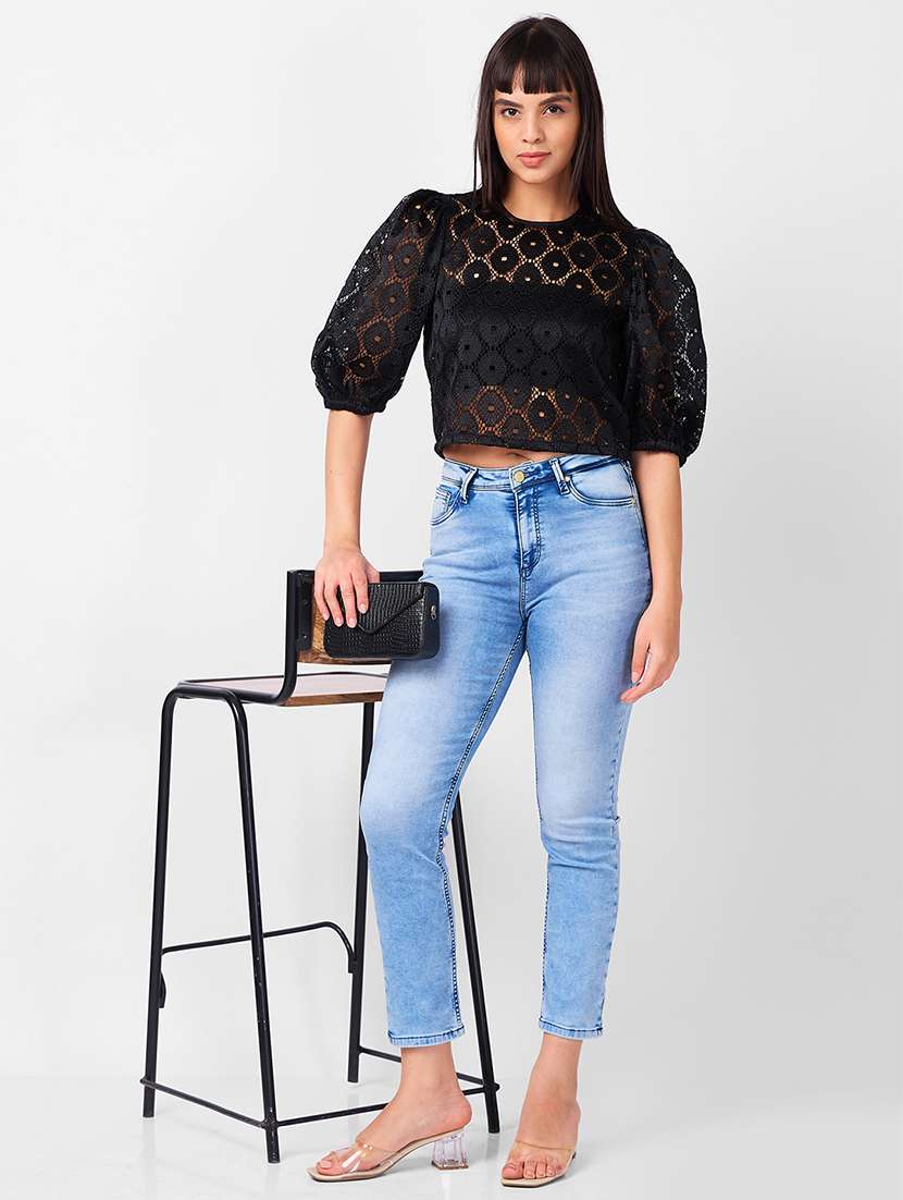 women laced puff sleeves crop top - 21840937 - Standard Image - 4