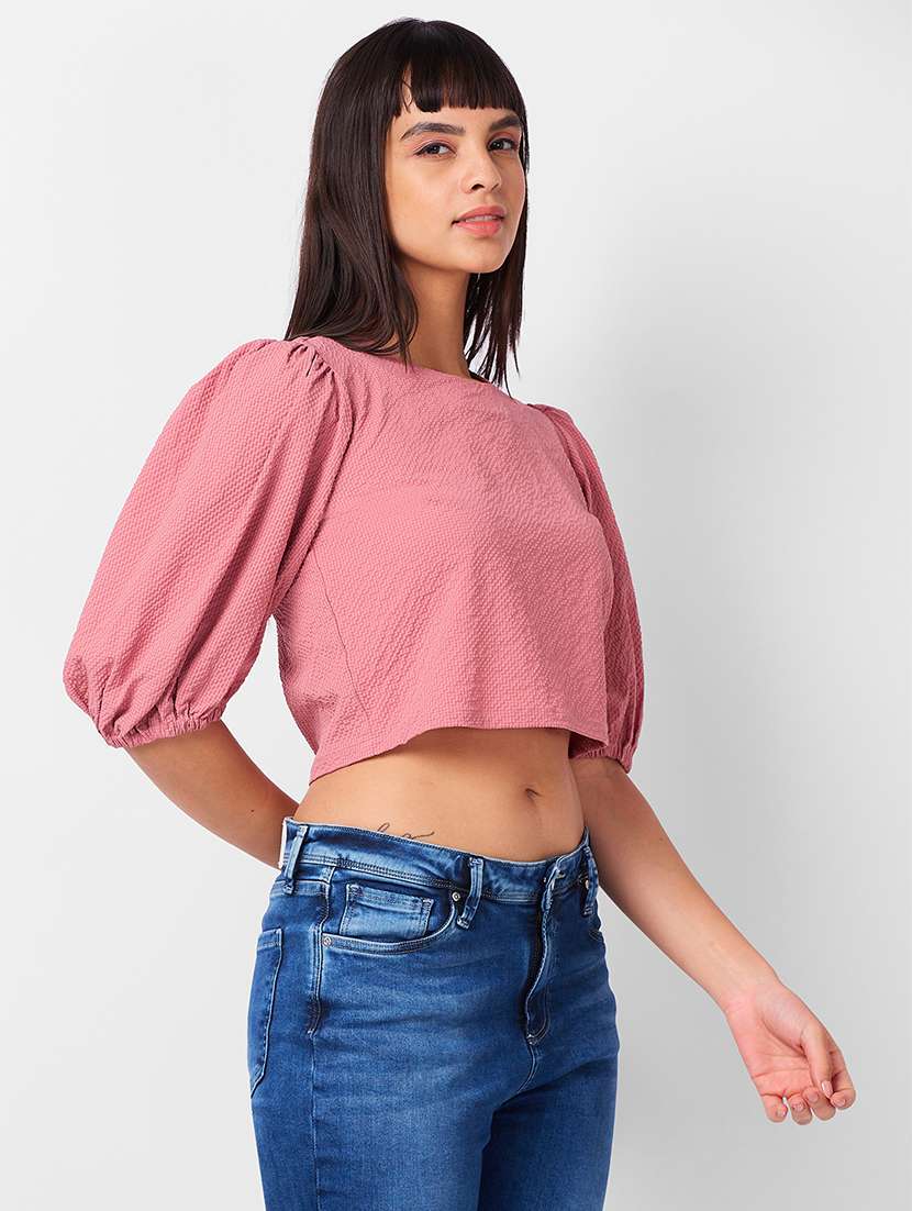 women solid puff sleeves crop top - 21840938 - Standard Image - 1