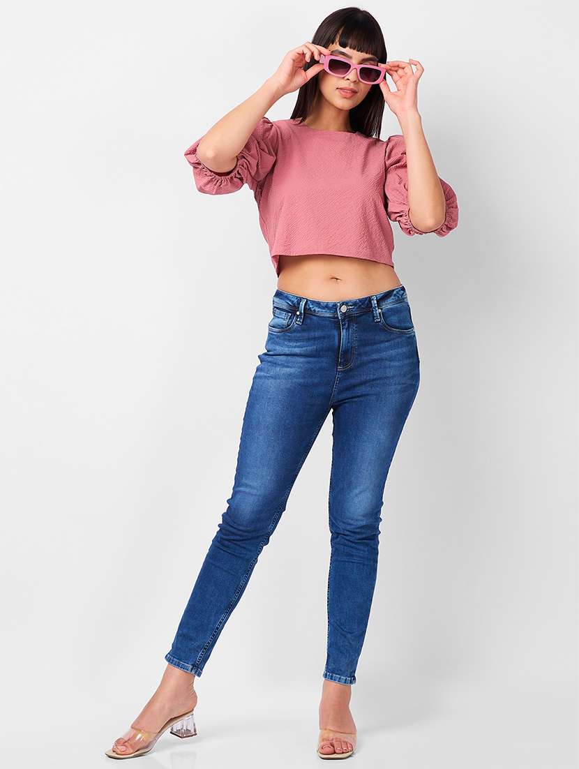 women solid puff sleeves crop top - 21840938 - Standard Image - 4