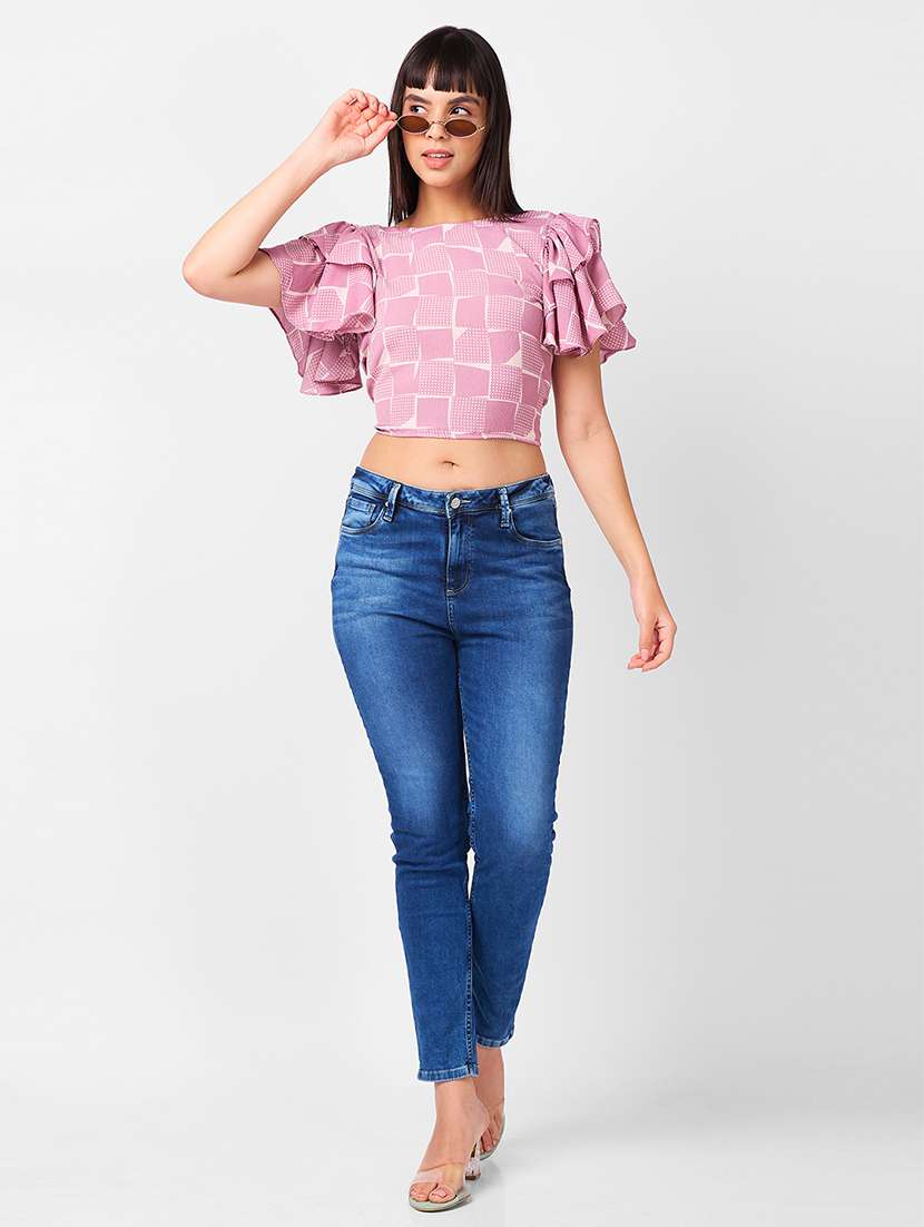 women ruffle sleeves printed crop backless top - 21840940 -  Standard Image - 4
